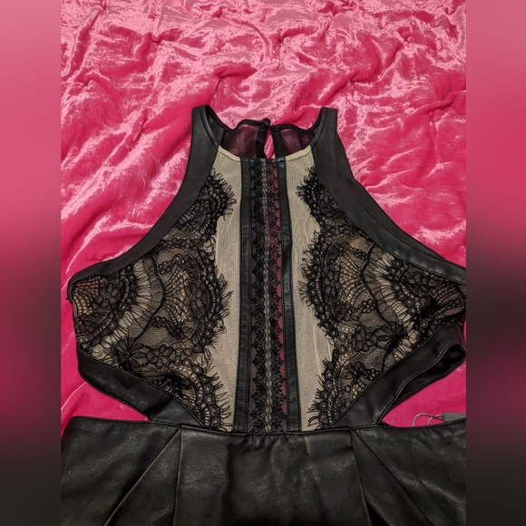 Three Floor Vegan Leather Little Black Mini Dress w/ Lace Detail - Picture 2 of 7